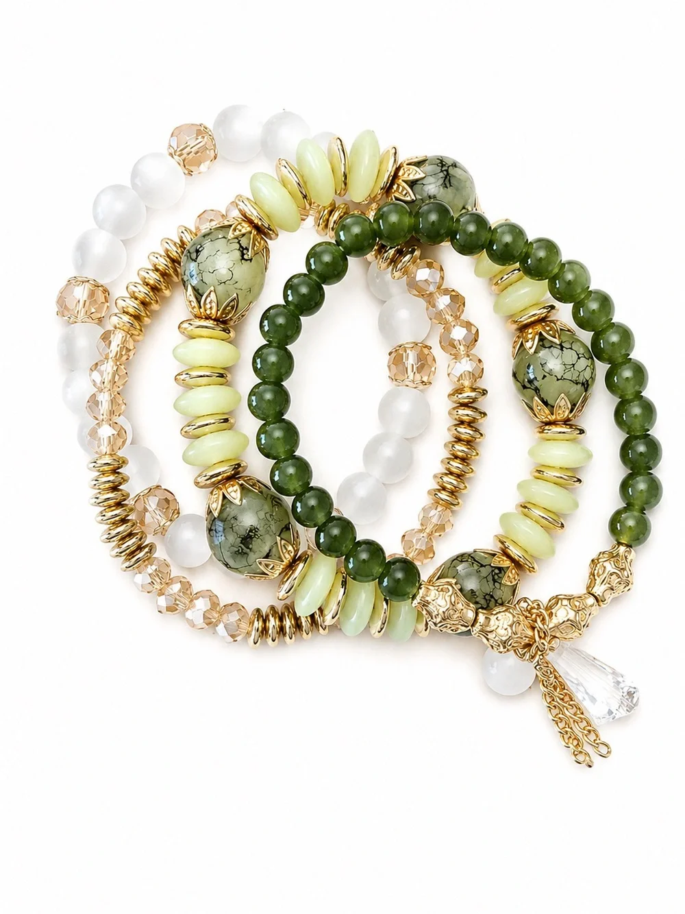 GORGEOUS Gold and Green Beaded Stack Stretch Bracelet Set